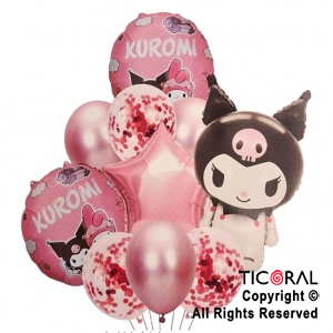 SET DE GLOBOS METALIZADOS KUROMI Y LATEX CON CONFETI x 10 UNIDADES